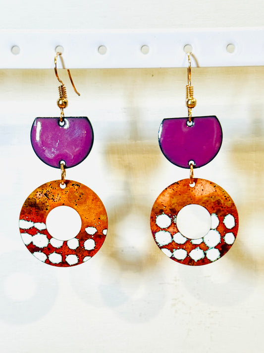 Purple & Copper with White Polka Dots Earrings