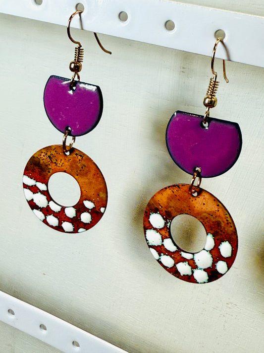 Purple & Copper with White Polka Dots Earrings