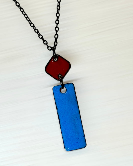 Blue Rectangle & Mini Red Diagonal Square Necklace